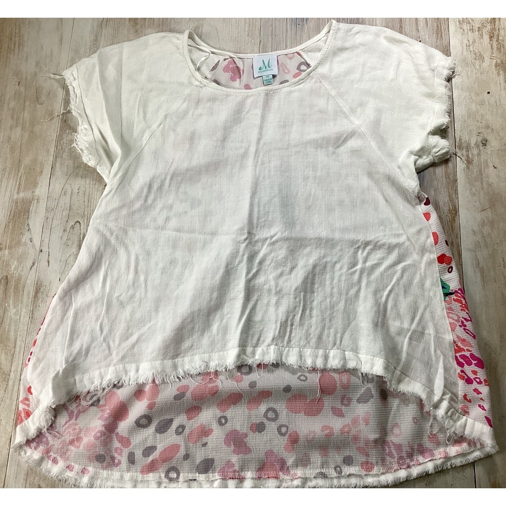 ShopTheMint White Linen Blend Mixed Print High Low Raw Hem Top Womens Medium